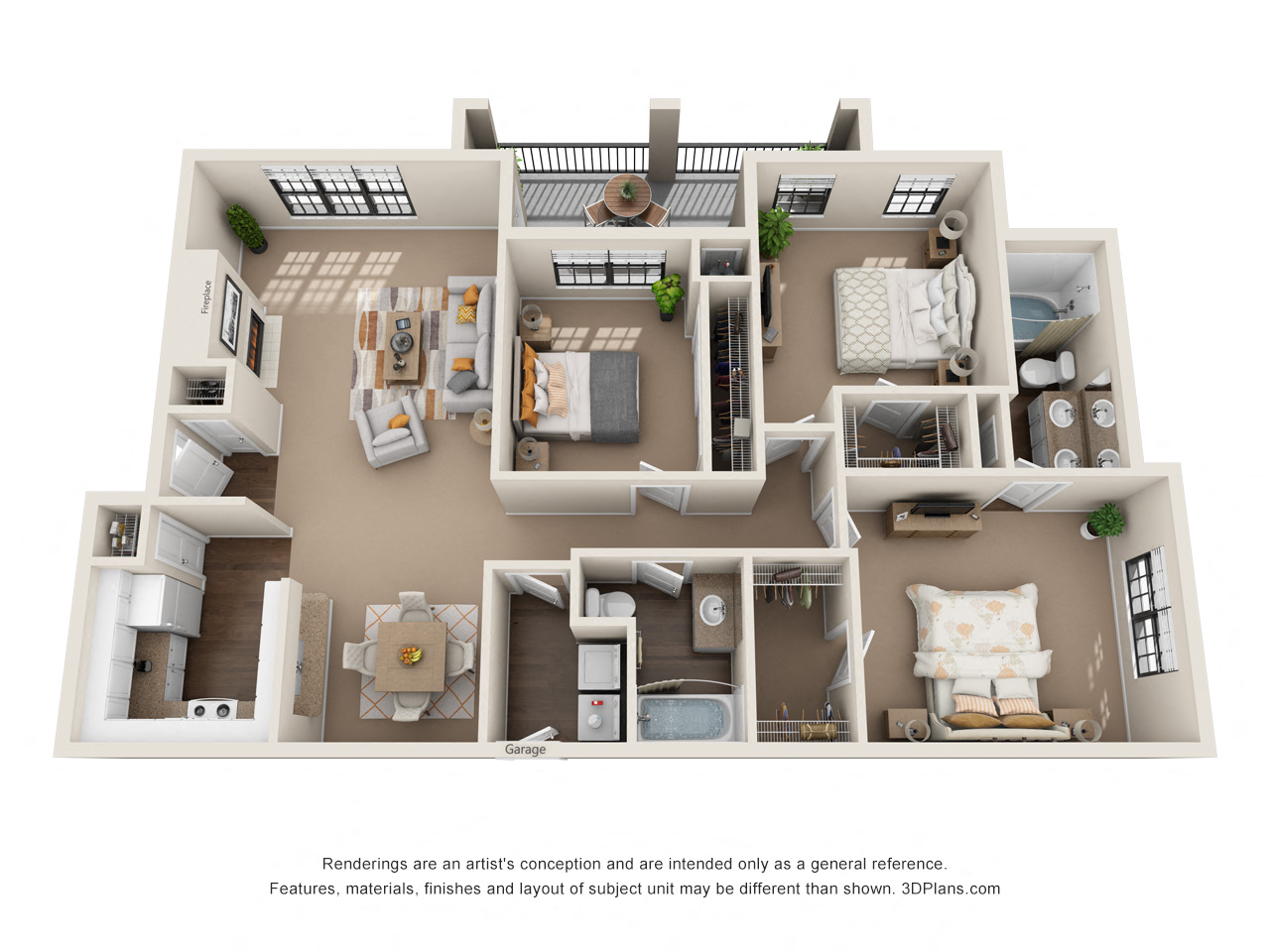 Floor plan for 3 beds, 2 baths, 1436 sqft